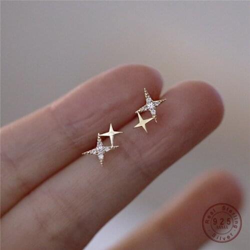 925 Sterling Silver Micro Inlaid Crystal Four-Pointed Star Plating 14k Gold Earrings Women Small Cute Banquet Jewelry