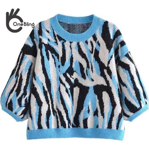 OneBling 2021 Za Woman Casual Traf Pull Femme Autumn Sueters De Mujer Jacquard Knit Jumpers Crop Tops Half Sleeve Loose Sweaters