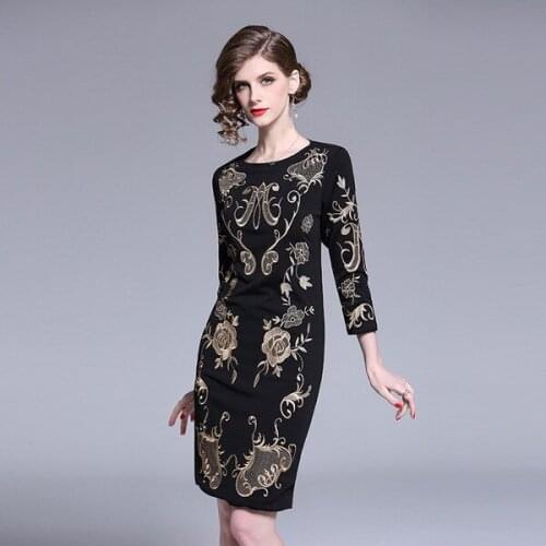 2020 Women Vintage Retro Printed Pencil Dress Bodycon Midi Three Quarter Sleeve Elegant Female Knee Length Party Dresses
