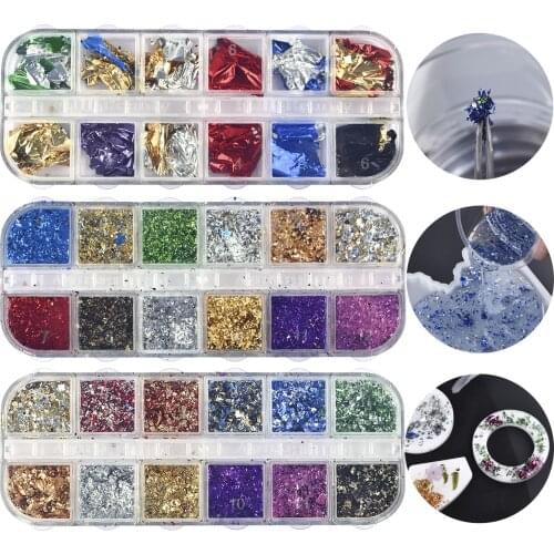 12 Grids/Box Gold Foils DIY Crystal Epoxy Resin Filling Paper Leaf Glitter Fragment Shinny Sparkles Jewelry Making Accessories
