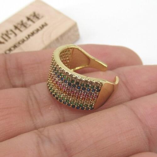 APDGG 10MM Gold filled plated rainbow Macersite CZ Micro Pave women lady gift gold color full finger resizable Rings