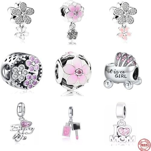2021 New European Pink Series Flower I Love Mom Beads Fit Original Pandora Charms Silver 925 Bracelets Women DIY Jewelry