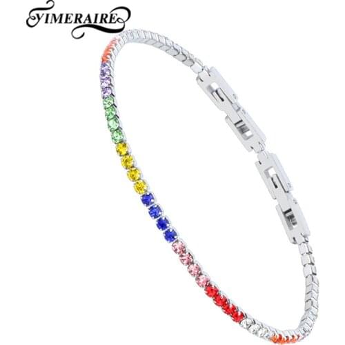 Colorful Crystal Bracelet With Rainbow Rhinestone Sliver Pave Setting Stone Big Small Size For Women Girls Elegant Wedding Gifts