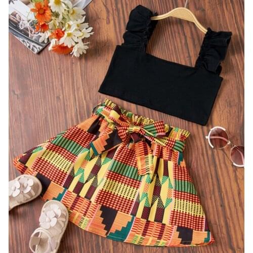 Baby Girls Clothes Set, Solid Color Sleeveless Square Collar Cropped Tops + Digital Print Short Skirt