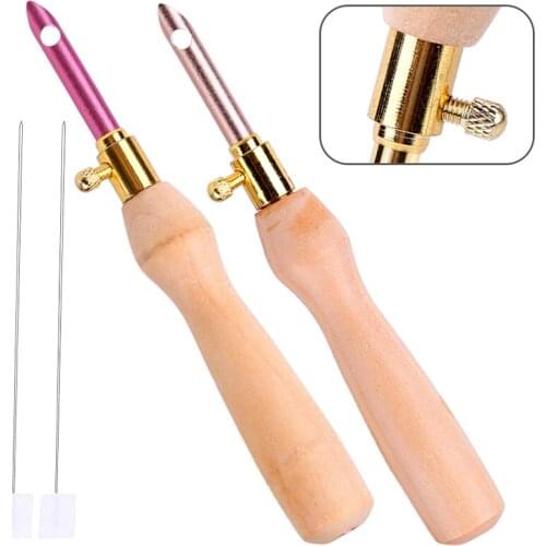 LMDZ 2 Pcs Wooden Handle Embroidery Pens + 2 Pcs Threader, Sewing Punch Needle Set Embroidery Punch Needle Weaving Tools for DIY