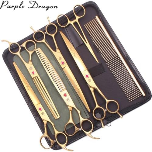 Dog Grooming Kit Professional 8" Purple Dragon Japan Steel Pet Thinning Shears Chunker Scissors Add Case Curved Scissors Z3005