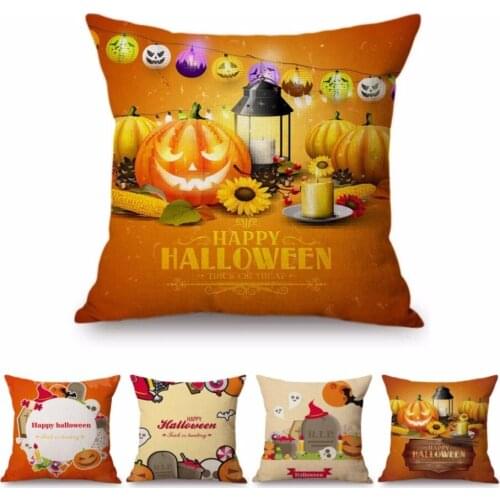 Happy Halloween Orange Color Headstone RIP Style Decoration Pumpkin Face Pillow Case Cotton Linen Backyard Cushion Cover 45x45cm