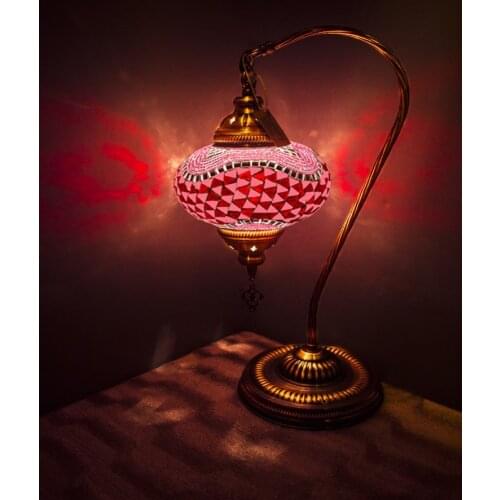 Handmade Turkish Moroccan Mosaic Authentic Vintage Art Deco Table Bedside Lamp, Red-Pink Colors, 5 Patterns