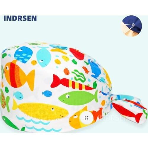 Cute Surgicals Cap Fish Printed Cotton Women Men Lab Pet Clinic Dental Pediatrician Working Bouffant Scrub Caps with Buttons