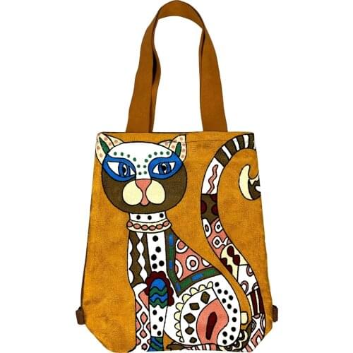 Original Design Women Bag Full Cat Embroidered Shoulder Bags Fashion High Quality Large Capacity Brown Cotton Travel Bag
