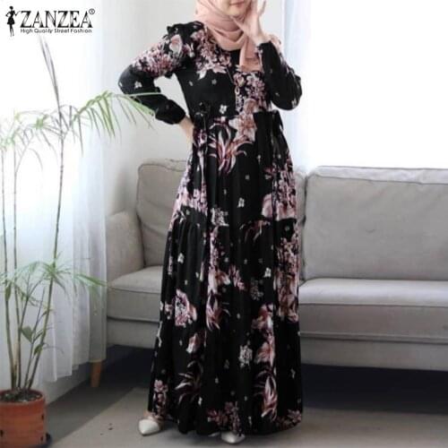 Vintage Floral Printed Dubai Turkey Abaya Hijab Dress Women Muslim Dress ZANZEA Casual Ruffles Maxi Sundress Islamic Clothing