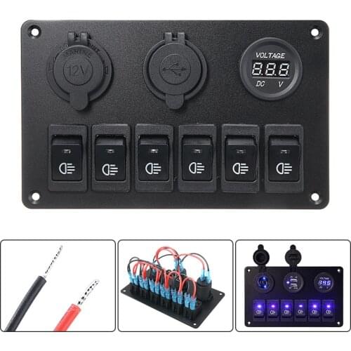 1pc Durable 12V 6-buttons Car Marine Boat LED Circuit Rocker Switch Panel Multi-functional Dual USB Charger Switches