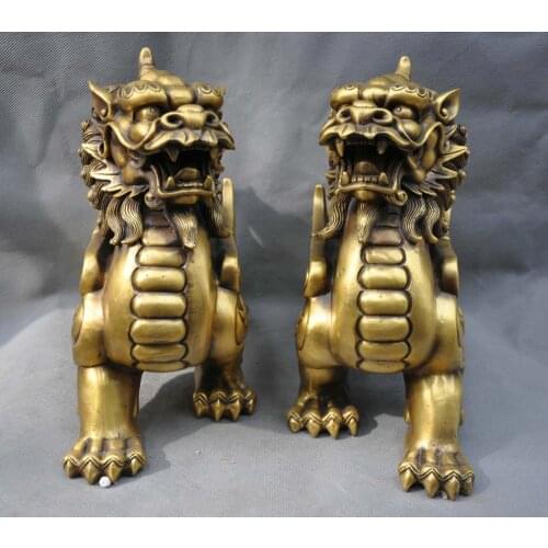 10'' China Fengshui Unicorn Animal Pair Foo Dog Dragon Bronze Statue