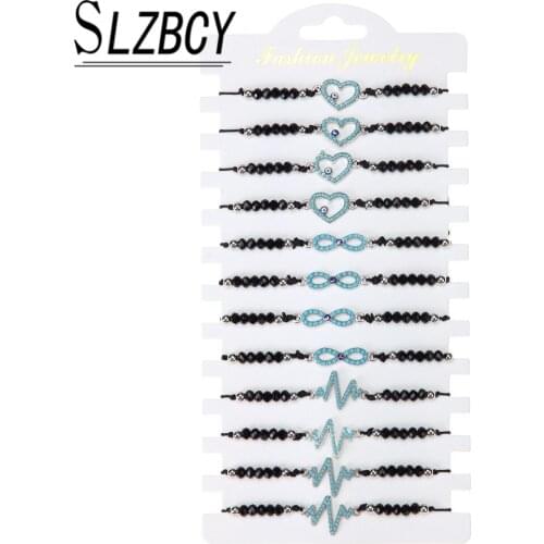 12pcs/lot Heart Lightning 8 Word Shape Charms Bracelet Handmade Woven Rope Black Crystal Beaded Bracelets Adjustable Jewelry