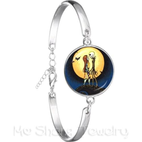 18mm Glass Cabochon Handmade Jack And Sally Pattern Chain Bracelet For Women Men Party Favor Jewelry Halloween Gifts