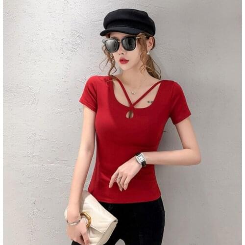 2020 Summer Cotton T Shirt Women Sexy chest leak Style Solid Tee Shirt Female Short Sleeve short Top Tees O-Neck T-shirt Women