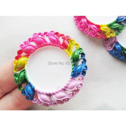 75pcs Handwork Rainbow Round Flatback Resin Flower Charm Finding,Filigree Border Base Setting Tray, for 25mm Cabochon/Cameo