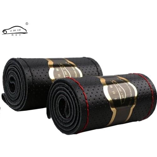 O SHI CAR Cowhide Steering Wheel Cover With Needles & Thread DIY/Hand Sewing Leather Case Collar Black Protect steering wheel