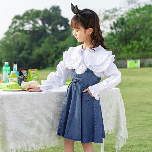 Kids Clothing Sweet White Blouses +Denim Suspender Skirt Teenages Girls Clothing Set Fashion Childrens Sets Two Piece Outfits
