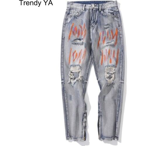 High Quality Fashion Graffiti Mens Jeans New Hip Hop Skinny Bottom Zipper Jeans Men Jean Denim Joggers Streetwear Holes Jeans