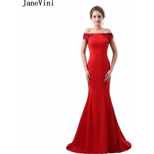 JaneVini Graceful Red Long Bridesmaid Dresses Mermaid Sleeveless Boat Neck Hand Made Flowers Satin Sweep Train Formal Prom Gowns