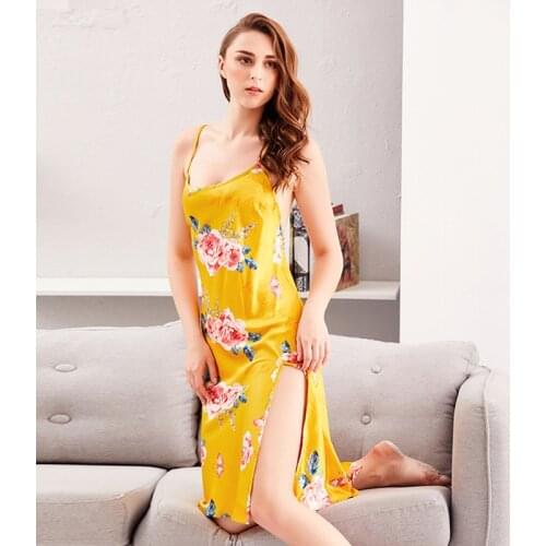 High-End Sexy Imitation Silk Womens Nightdress Mid-Length Print Silk Hollow Soft Suspender Skirt
