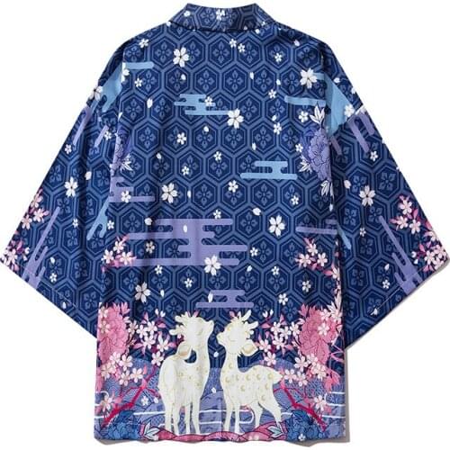 Fashion Streetwear Cartoon Deer Print Kimono Cardigan Robe China Haori Obi Traditional Japanese Clothes for Women Men