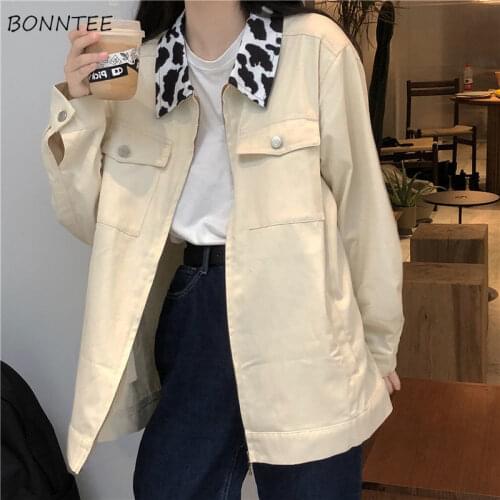 Basic Jackets Women Preppy Style Vintage Loose Cow Patchwork Zipper All-match Outwear Streetwear Retro Y2K Spring Harajuku Motor