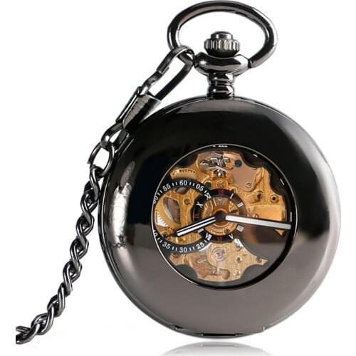 Vintage Automatic Mechanical Pocket Watch Men Hollow Exquisite Chain Smooth Case Pendant Watches Mens Retro Black Hour Clock