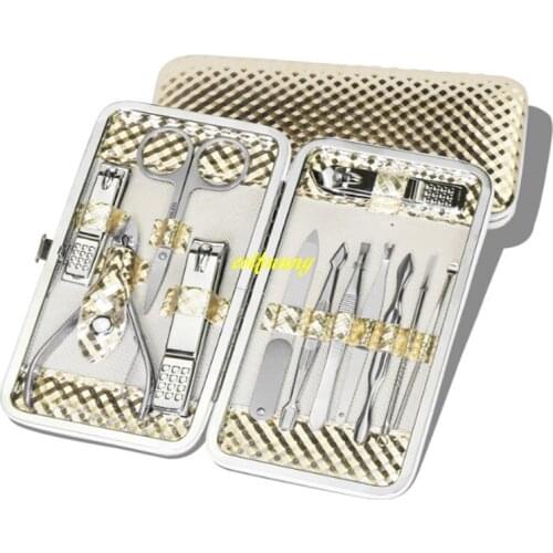 100sets Wedding Party gift 12 in 1 Stainless Steel Nail Clipper Scissors Tweezer Cutter Clip Cuticle Grooming Kit With Gold box