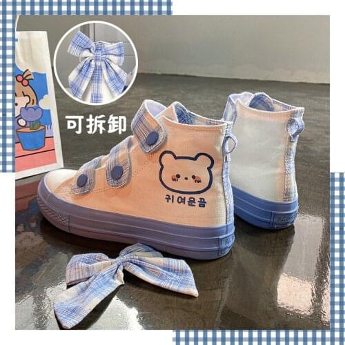 2021 autumn new cute white shoes blue bow casual all-match student canvas shoes girl fashion non-slip high-top shoes
