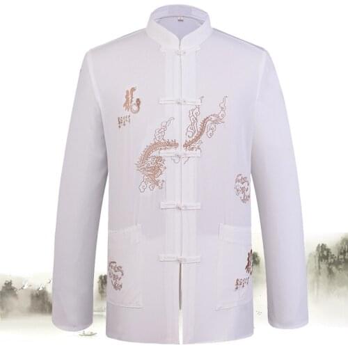 Brand New Arrival Chinese Traditional Mens Satin Silk Mandarin Collar Embroider Dragon Tang Suit Clothing Kung Fu Jacket Coat