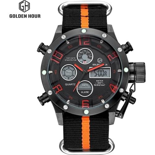 New Luxury GOLDENHOUR 106 Sports Waterproof Watches Men Quartz LED Digital Hour Clock Male Nylon Strap Wristwatch