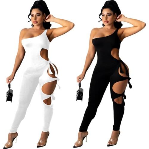 Solid Color Shoulder Simple High-level Sense Hole Bandage Jumpsuit 2021 Womens Sexy Fashion Street Clothing Nightclub Jumpsuit