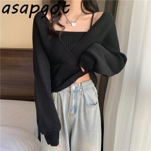 Pullovers V Neck Long Sleeve Black Fake Two Piece Knitted Tops Fashion Chic Korea Sweaters&Jumpers Pull Femme Sweet Gentle Solid