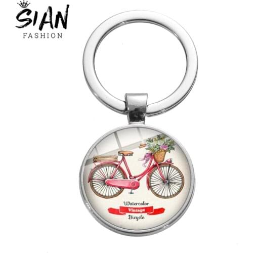 SIAN Watercolor Vintage Bicycle Keychain Mobile Bike Casual Sports Glass Cabochon Key Ring Simple Purse Bag Sportsmen Key Chain