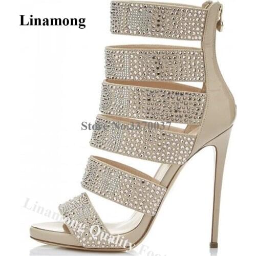 Linamong Bling Bling Open Toe Rhinestone Stiletto Heel Gladiator Sandals Back Zipper-up High Heel Sandals Wedding Dress Heels