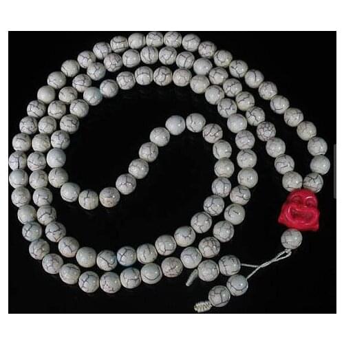 Tibet Ivory White Turquoises Stone 10mm 108 Beads Pink Happy Buddha Beaded Buddhism Prayer Mala Necklace