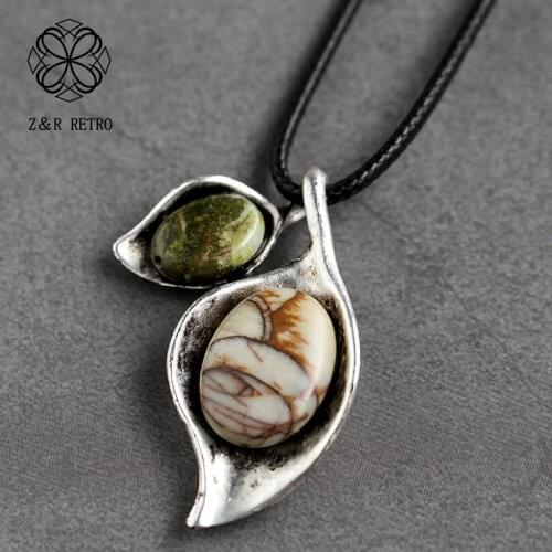 Vintage Jewelry Stone Beads Long Necklace for Women Plant Pendants Chains Around the Neck Suspension Chokers Mothers Day Offer