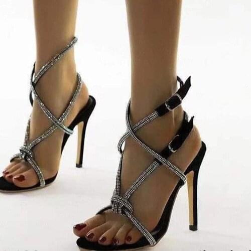 35-43 Plus Size european gladiator sandals women rhinestones cross band sandalias crystal stiletto high heels shoes female 2021