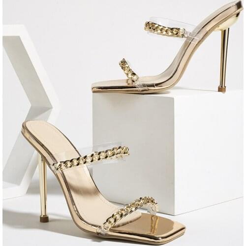 2021 New Sexy Gold Chain Design PVC Slippers Summer Fashion Square Head Open Toe Metal High Heels Slip On Slides Women Mules