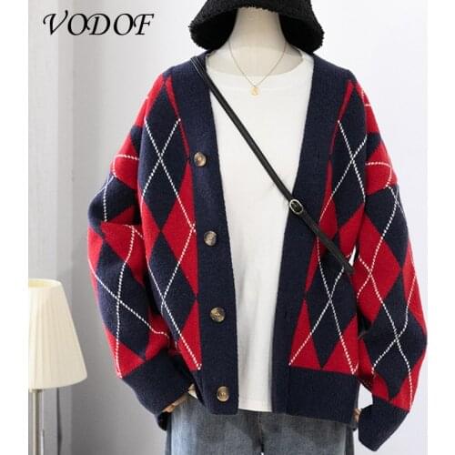 VOCOF 2021 Womens Sweaters Winter Spring Plaid V-Neck Cardigans Button Puff Sleeve Checkered Oversize Sweater Tops