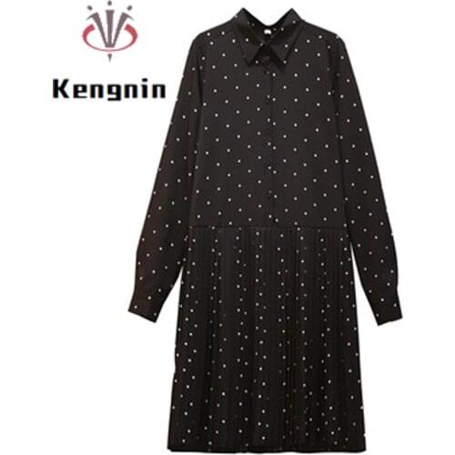 Plus Size 4XL Womens Dresses 2021 Autumn New Dot Print Chiffon Black Dress Loose Pleated Dress Female Robe Clothing KE1672