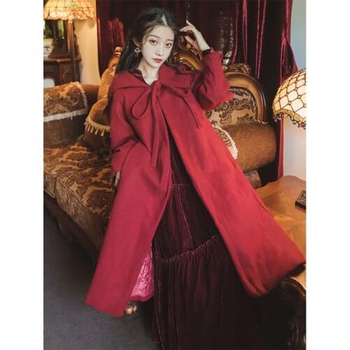 2020 Vintage Autumn Winter Long sleeve Women Coat Woolen cloth Hooded Cloak Loose Cotton Padded Warm Retro female overcoat