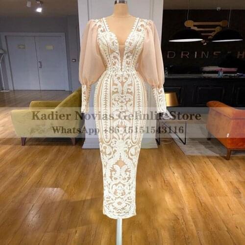 Long Sleeves Tea Length Prom Dresses 2021 V Neck Sequin Lace Evening Party Dress Vestido De Fiesta