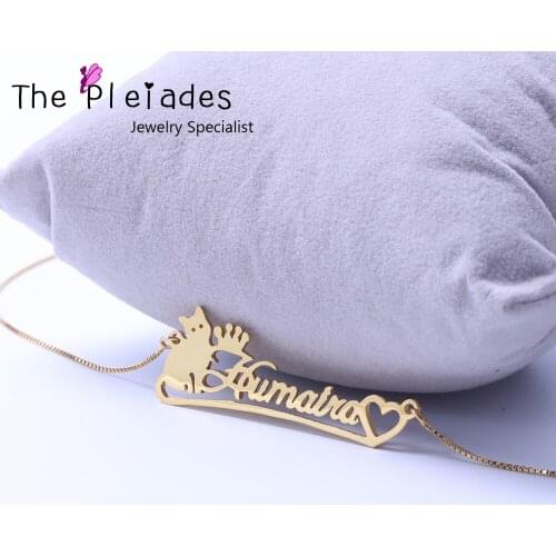 Gold Color Name Necklace with Cat Heart Deco Personalized 925 Sterling Silver Nameplate Necklace