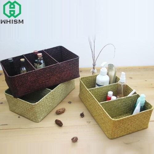 3 Grids Wicker Storage Basket Rattan Sundires Gadgets Storage Box Snack Organizer Handmade Straw Laundry Kids Toys Container