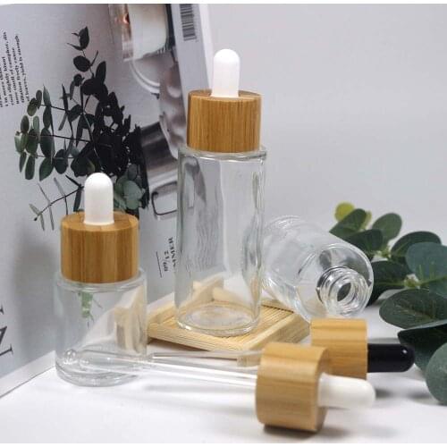 50ml Wooden Cap Flat Shoulder Essential Oil Clear Glass Dropper Bottle with Bamboo Wood Pump Lid