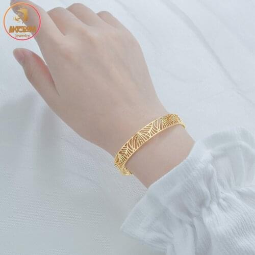 Akizoom Gold Leaf Hollow Open Bracelet Stainless Steel Female Bangle Charm for Women Girl Party Pulseras Jewelry Gift