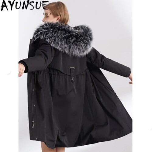 AYUNSUE Real Fur Coat Female Rabbit Fur Liner Warm Parka Winter Jacket Women Raccoon Fox Fur Collar Long Jacket Plus Size MY4425